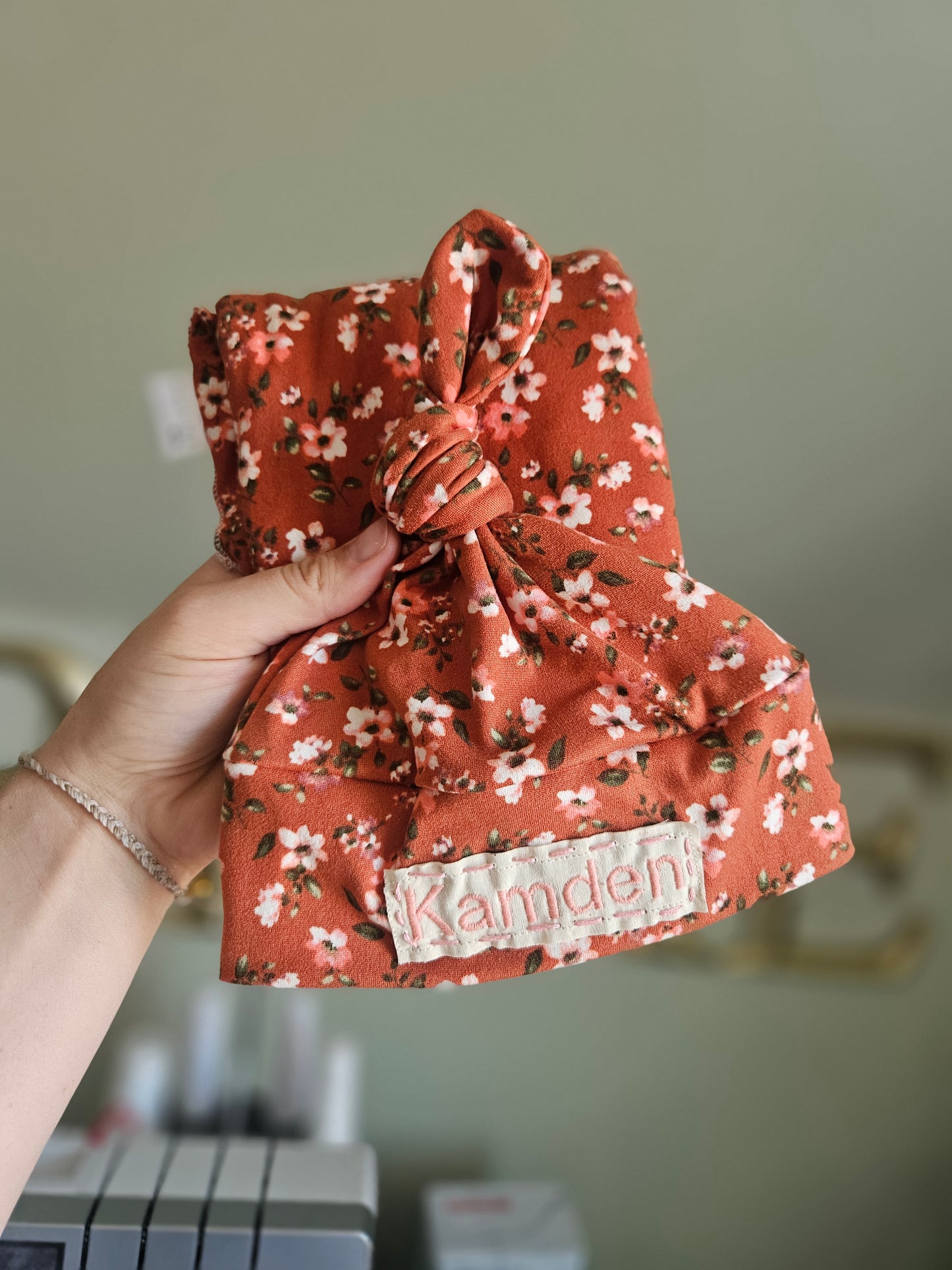 Coral Floral on Pinky Brown Hat/Swaddle Set