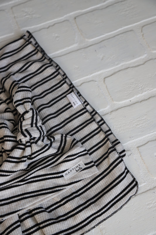 Black and Cream Double Stripe Hat/Swaddle Set
