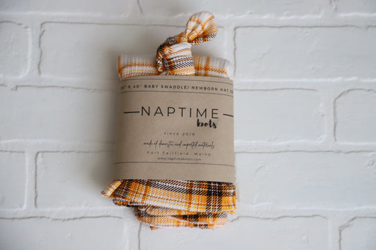 Orange/Yellow Ribbed Plaid Hat/Swaddle Set