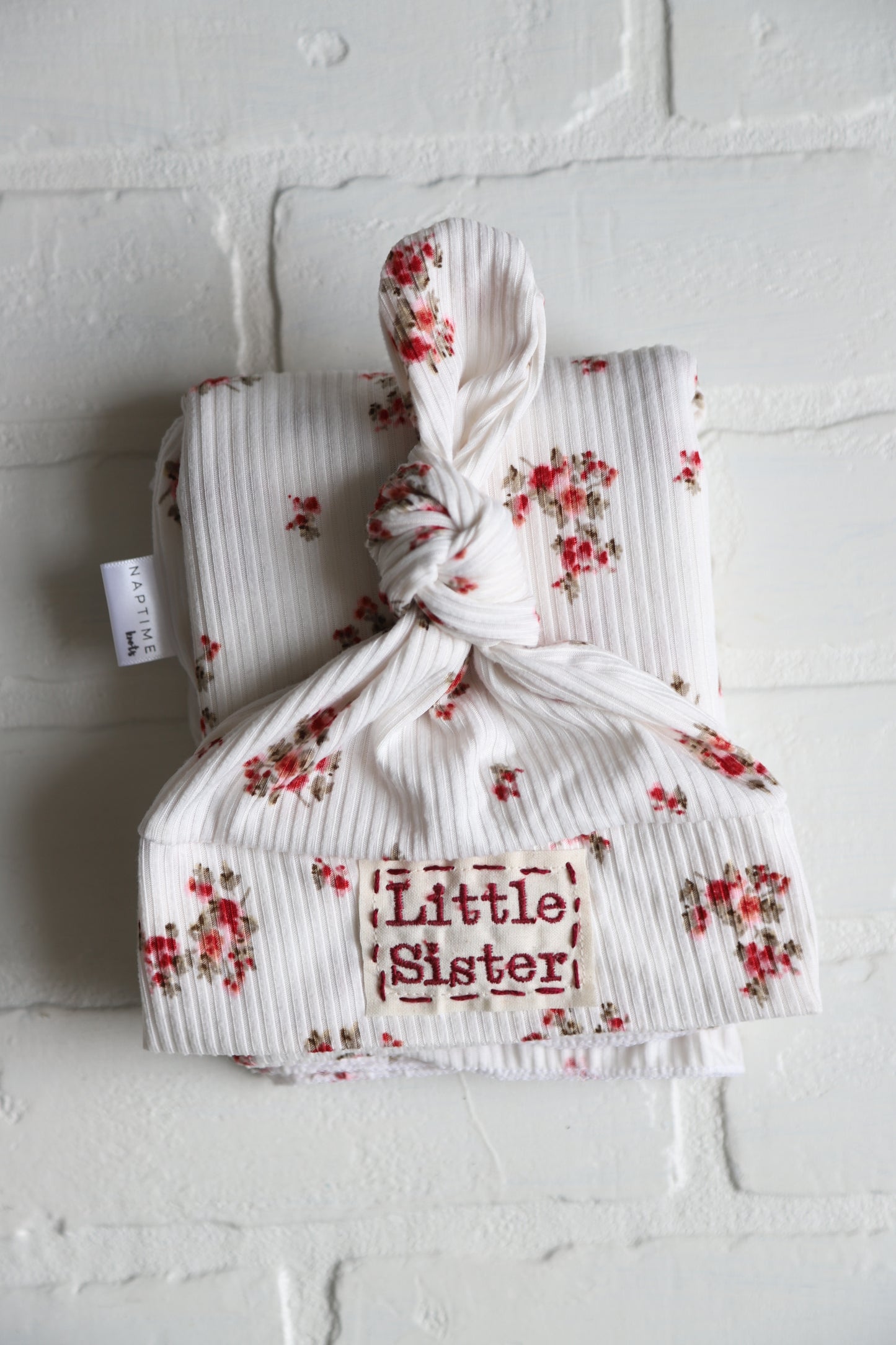 Maroon Floral Ribbed Swaddle and Newborn Hat