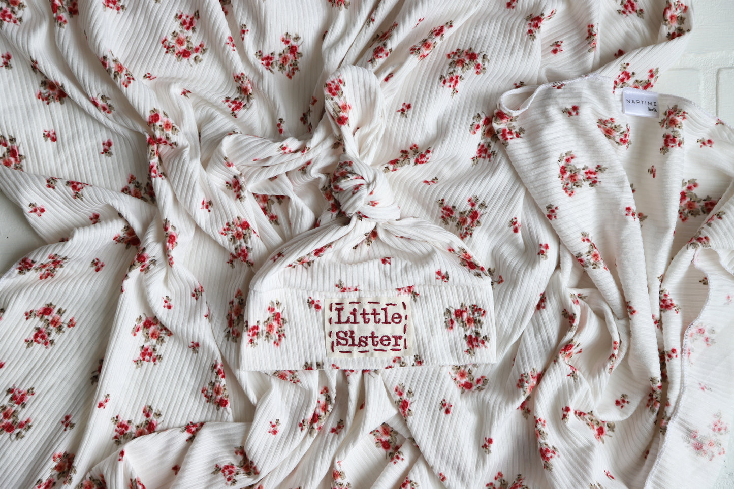 Maroon Floral Ribbed Swaddle and Newborn Hat