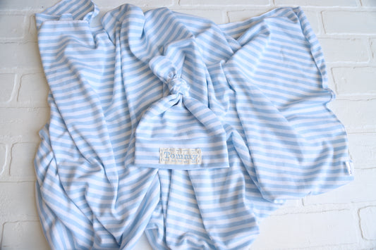 Pink Stripe or Blue Stripe Bamboo Hat/Swaddle Sets