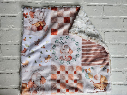 New Baby Quilt Lovey Blanket- Neutral Elephant Baby Carriage