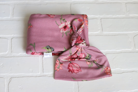 Sweater Knit Mauve Floral Hat/Swaddle Set