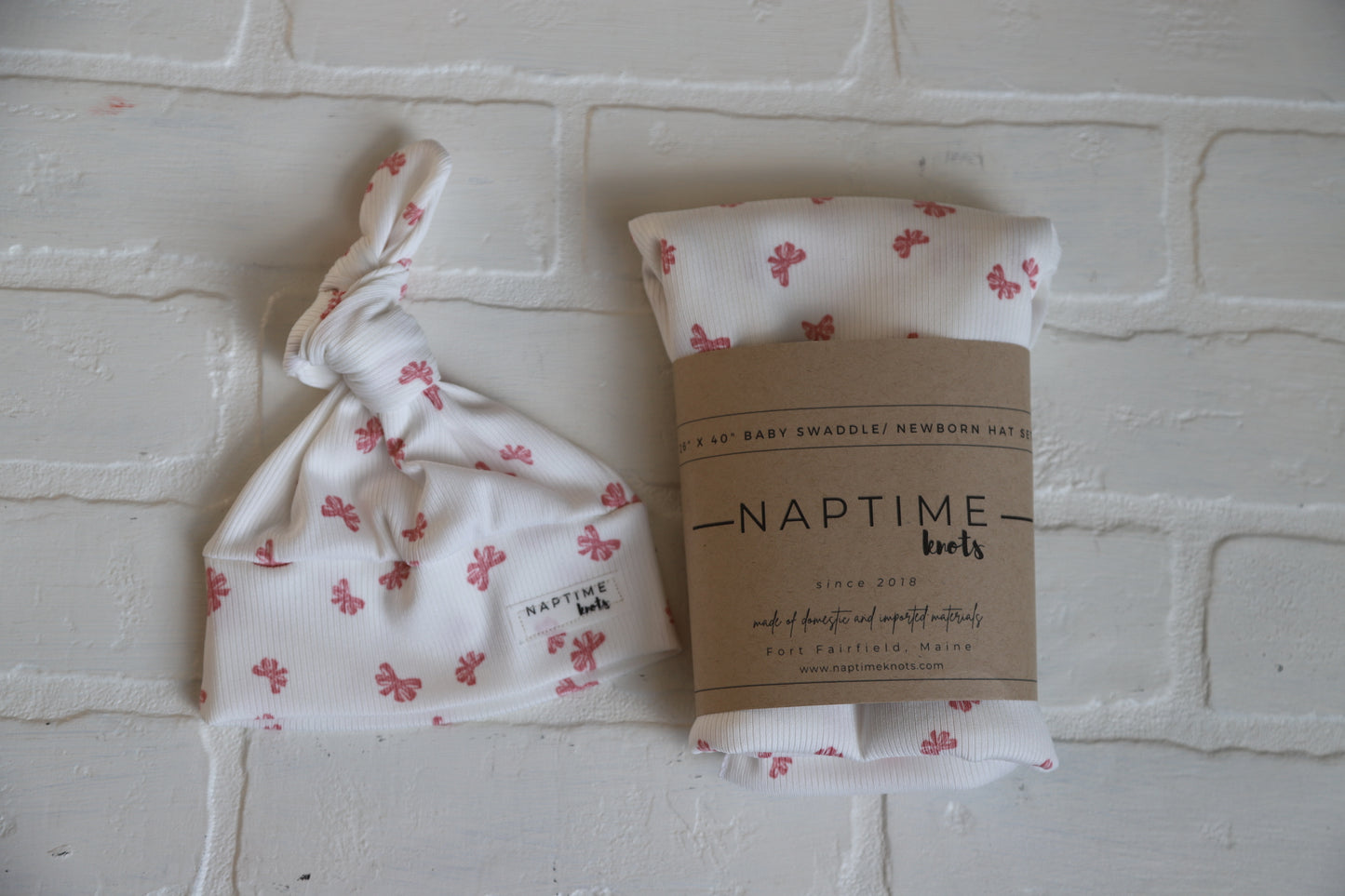 Pink Bow Ribbed Hat/Swaddle Set