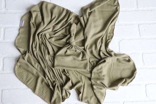 Ribbed Swaddle and Newborn Hat | Taupe or Olive Green