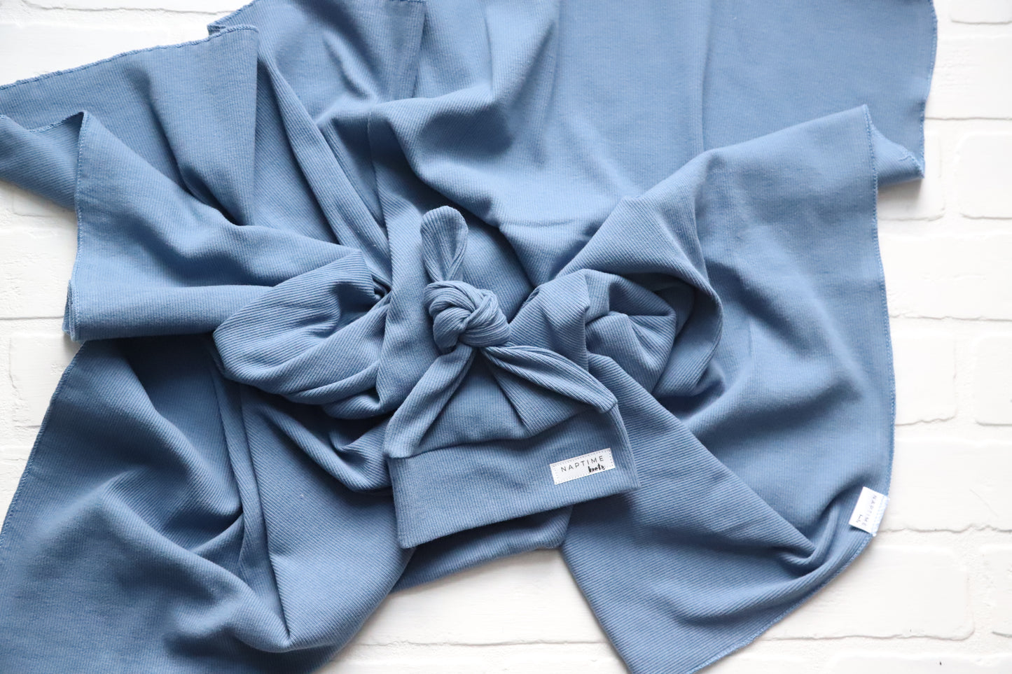 Light Denim Blue Ribbed Hat/Swaddle Set