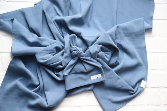 Light Denim Blue Ribbed Hat/Swaddle Set