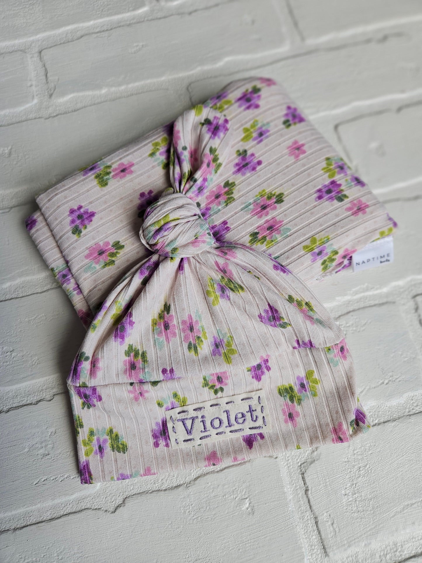 Purple Floral Rib Swaddle and Newborn Hat