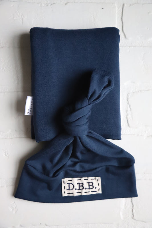 Navy Bamboo Hat/Swaddle Sets