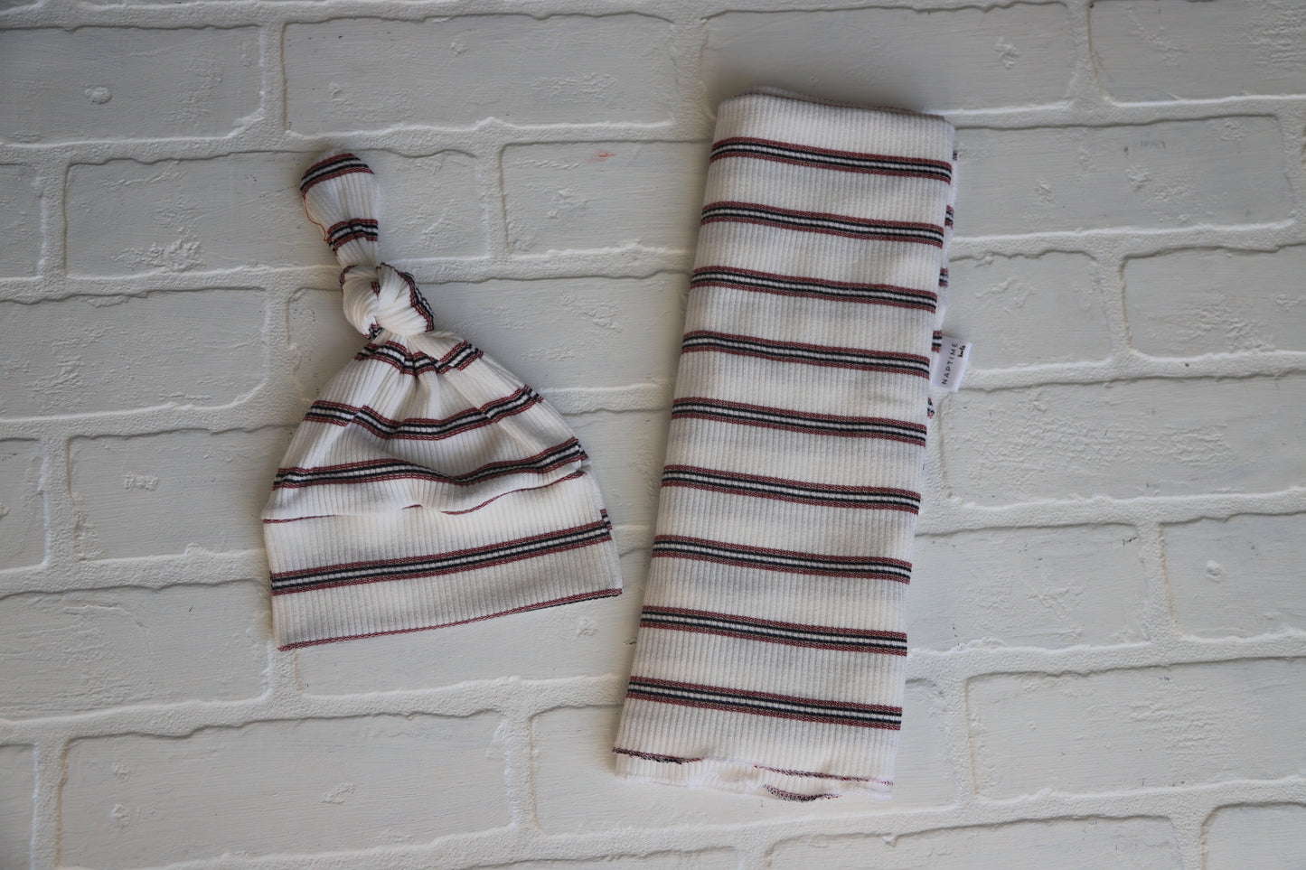 Maroon/Navy/ Cream Stripe Hat/Swaddle Set