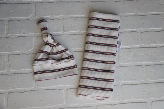 Maroon/Navy/ Cream Stripe Hat/Swaddle Set
