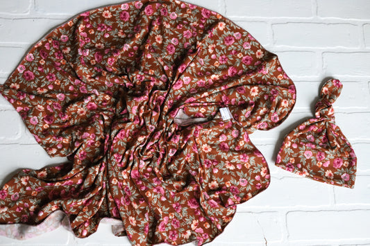 Brown/Burgundy Floral Hat/Swaddle Set