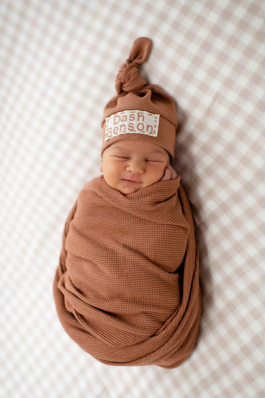 Maple Brown - Organic American Milled Waffle Knit Swaddle and Rib Knit NB Hat