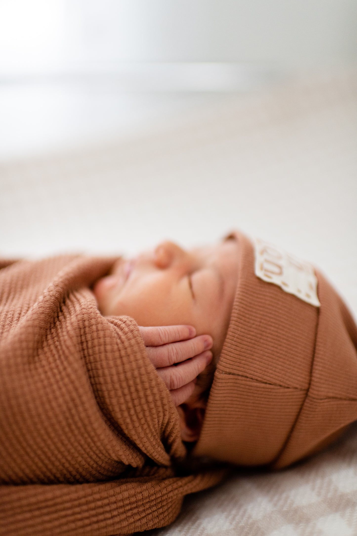 Maple Brown - Organic American Milled Waffle Knit Swaddle and Rib Knit NB Hat