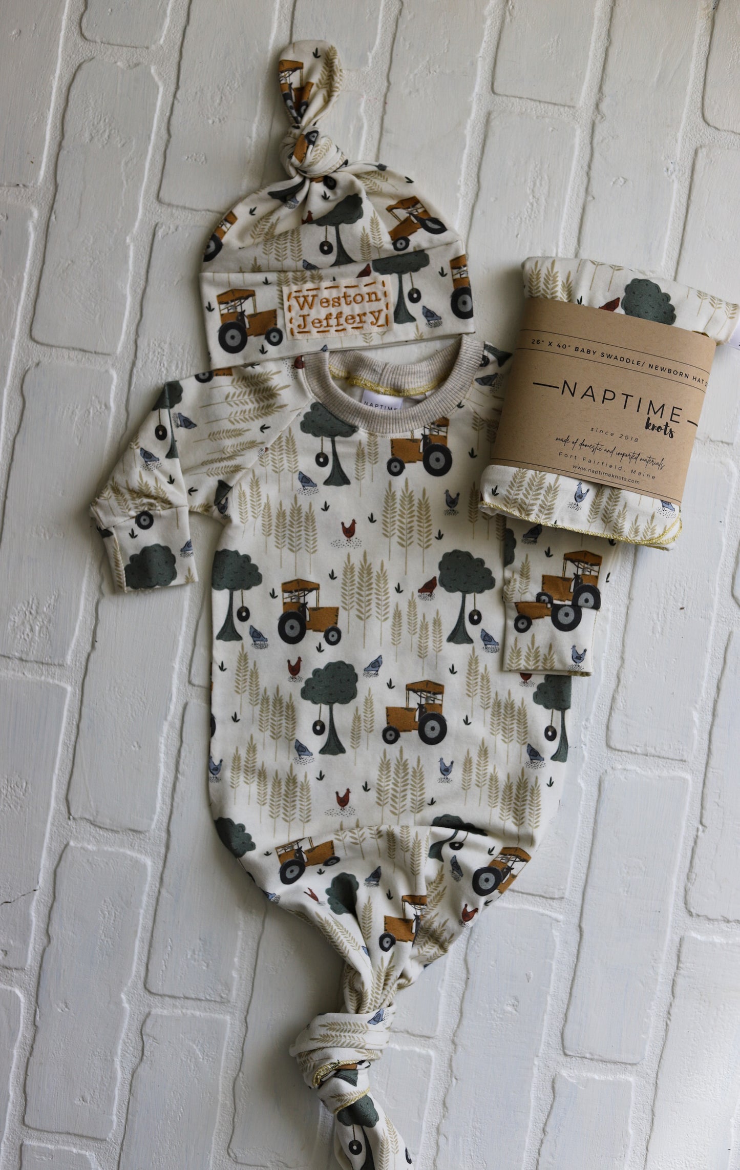 Farmland 0-3 Month Knotted Gown | Newborn Outfit (Tractors)