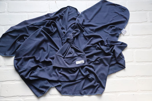 Solid Denim Blue Hat/Swaddle Set