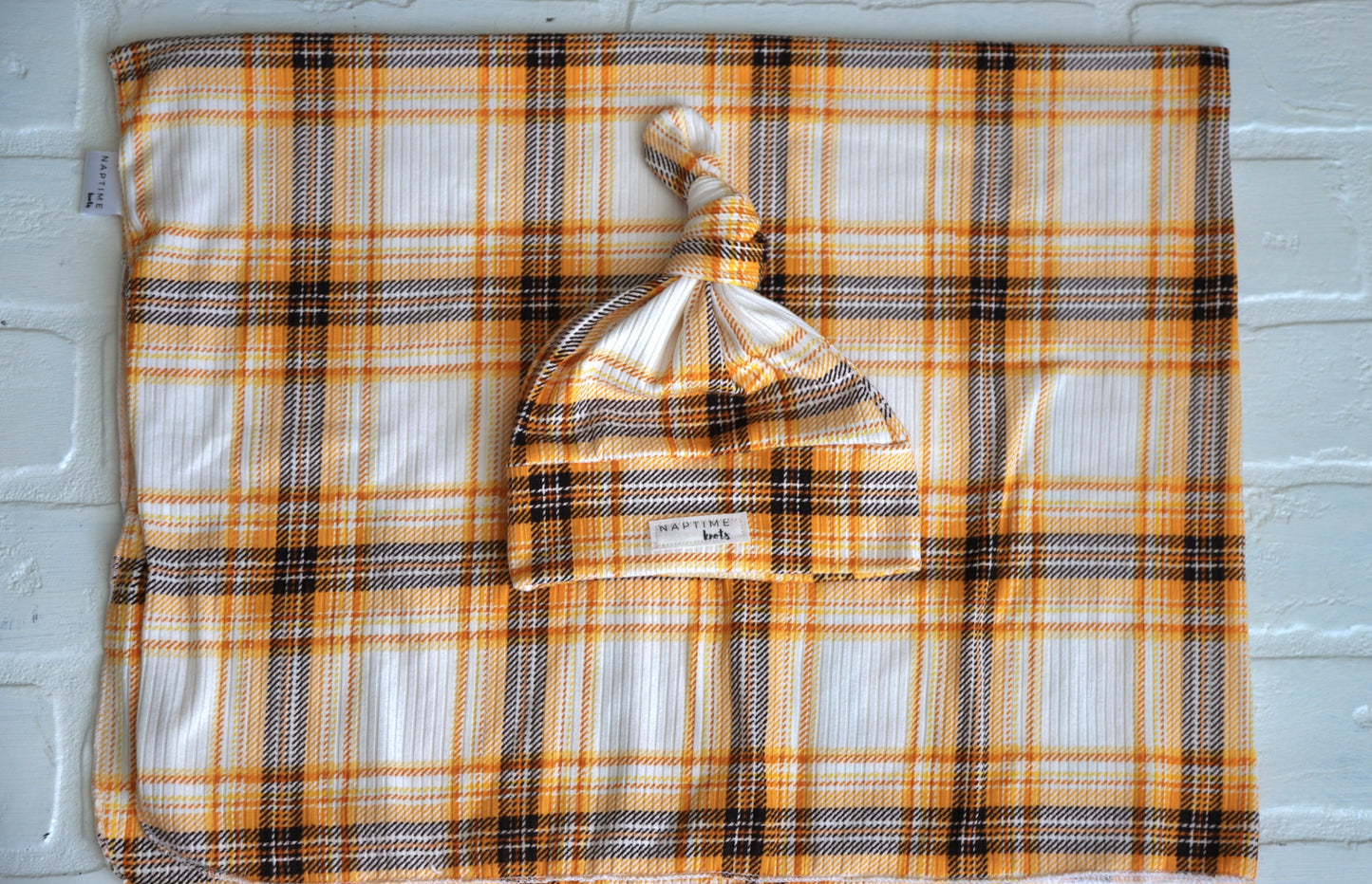Orange/Yellow Ribbed Plaid Hat/Swaddle Set