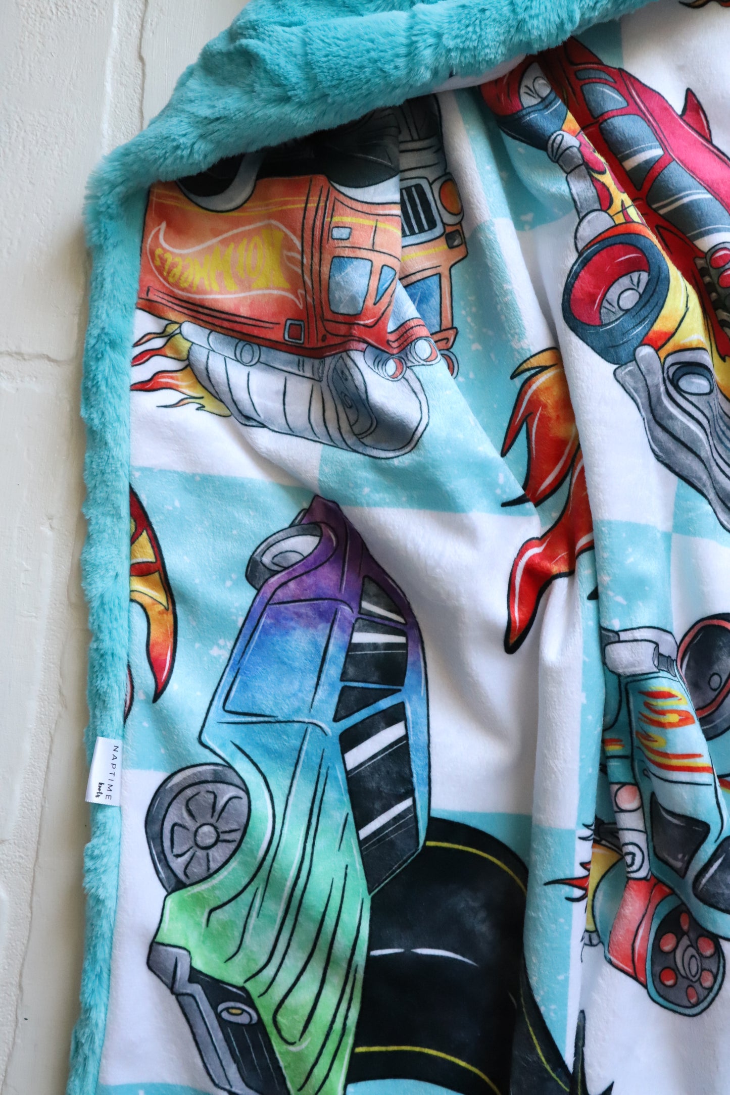 Turquoise Hot Wheels Flames + Cars XL Lovey Blanket (larger size)