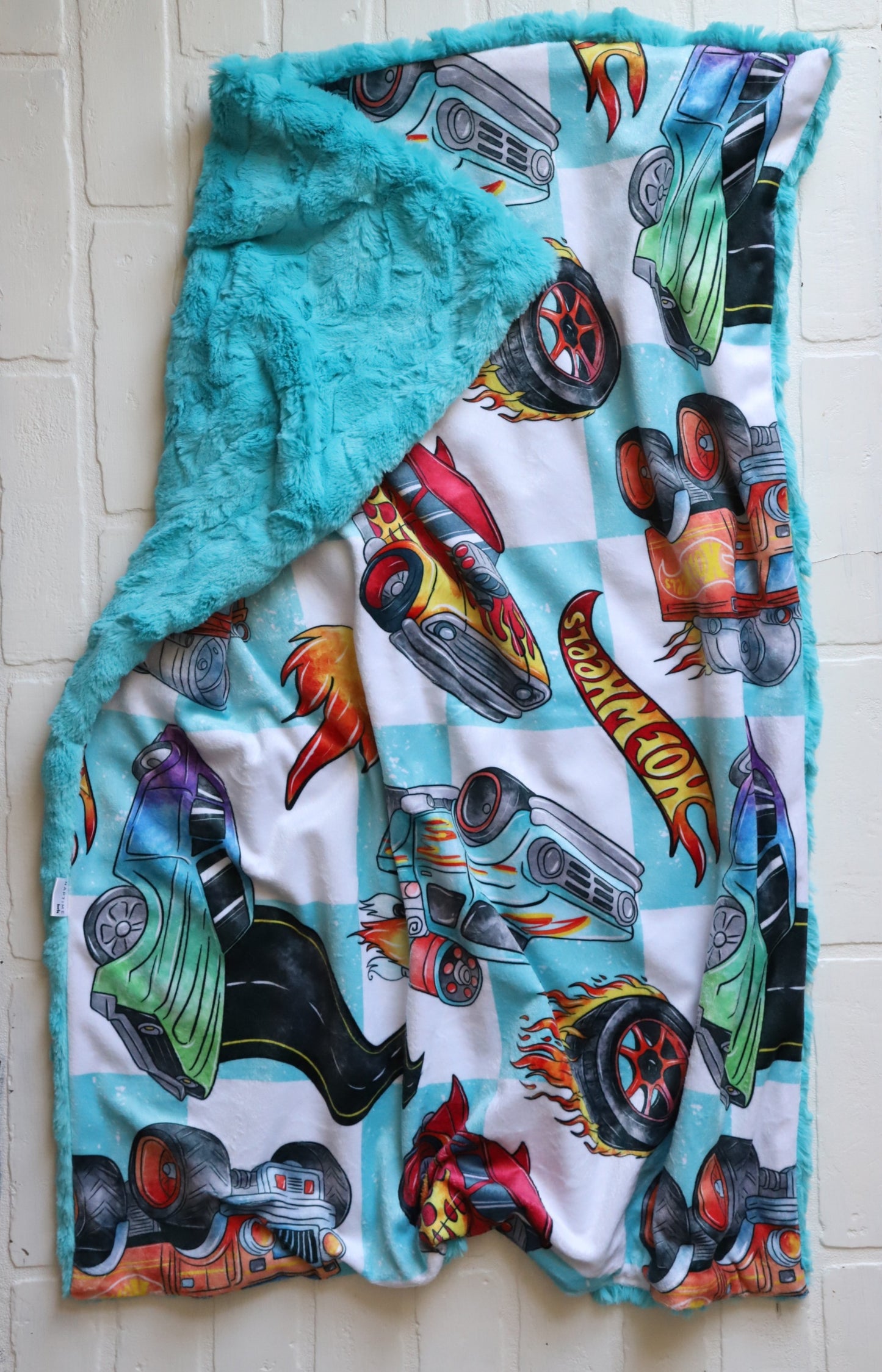 Turquoise Hot Wheels Flames + Cars XL Lovey Blanket (larger size)
