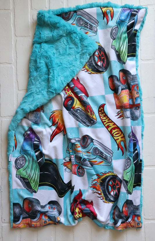 Turquoise Hot Wheels Flames + Cars XL Lovey Blanket (larger size)