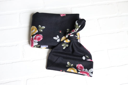 Sweater Knit Black Floral Hat/Swaddle Set