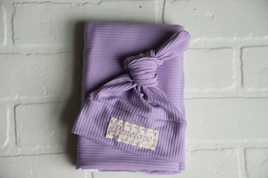 Purple Ribbed Hat/Swaddle Set