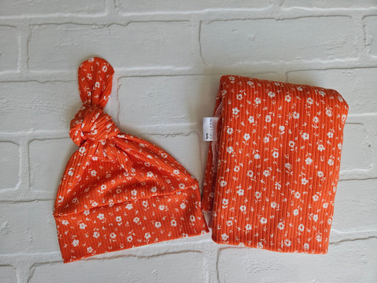 Orange Floral Swaddle and Newborn Hat