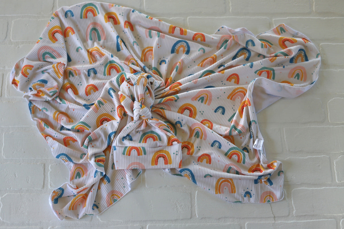 Rainbows Rib Knit Hat/Swaddle Set