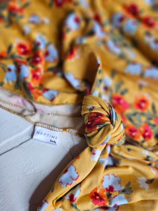Yellow Floral Swaddle and Newborn Hat | Baby Girl