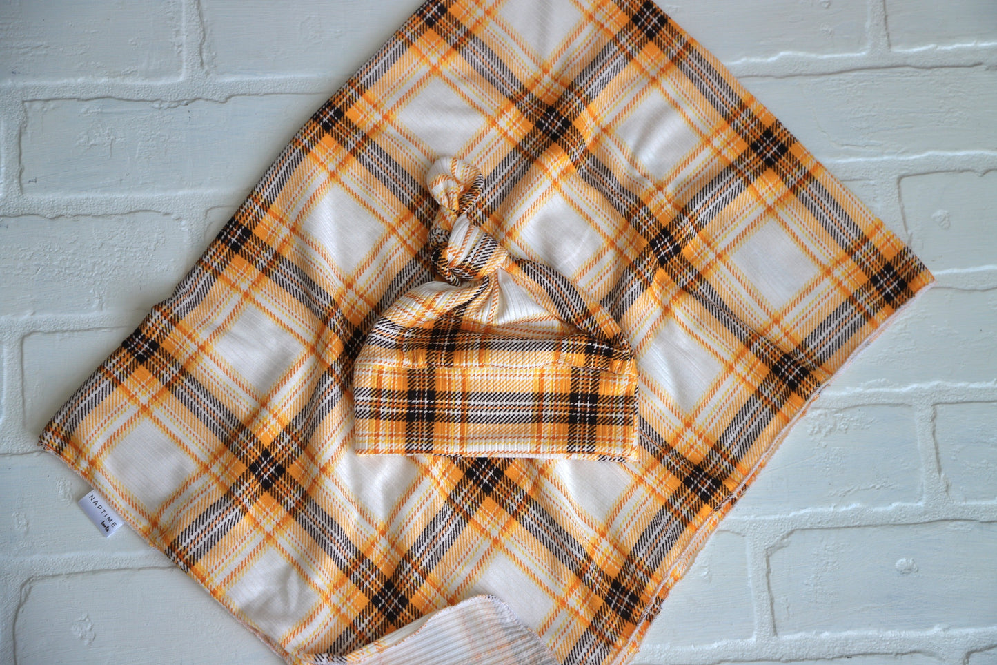 Orange/Yellow Ribbed Plaid Hat/Swaddle Set