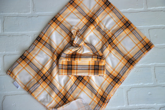 Orange/Yellow Ribbed Plaid Hat/Swaddle Set