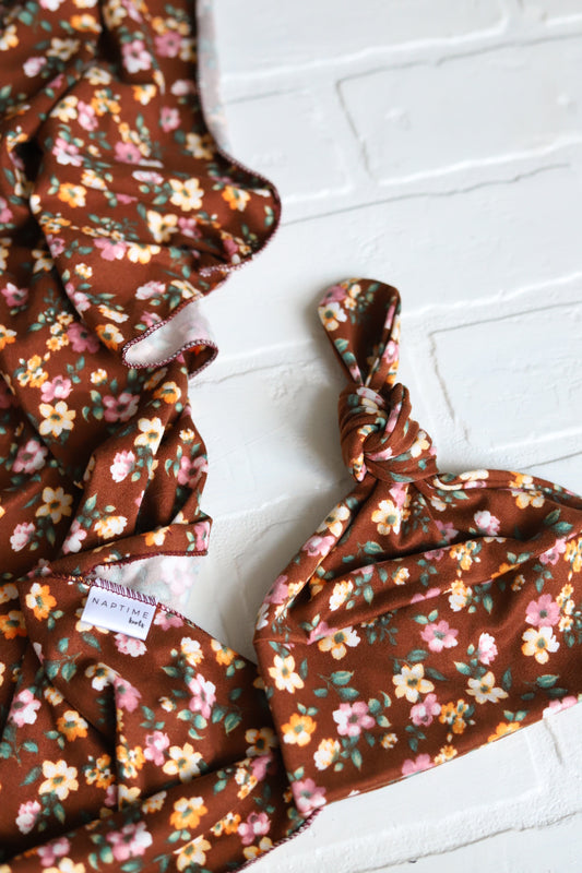 Mocha Brown Floral Hat/Swaddle Set