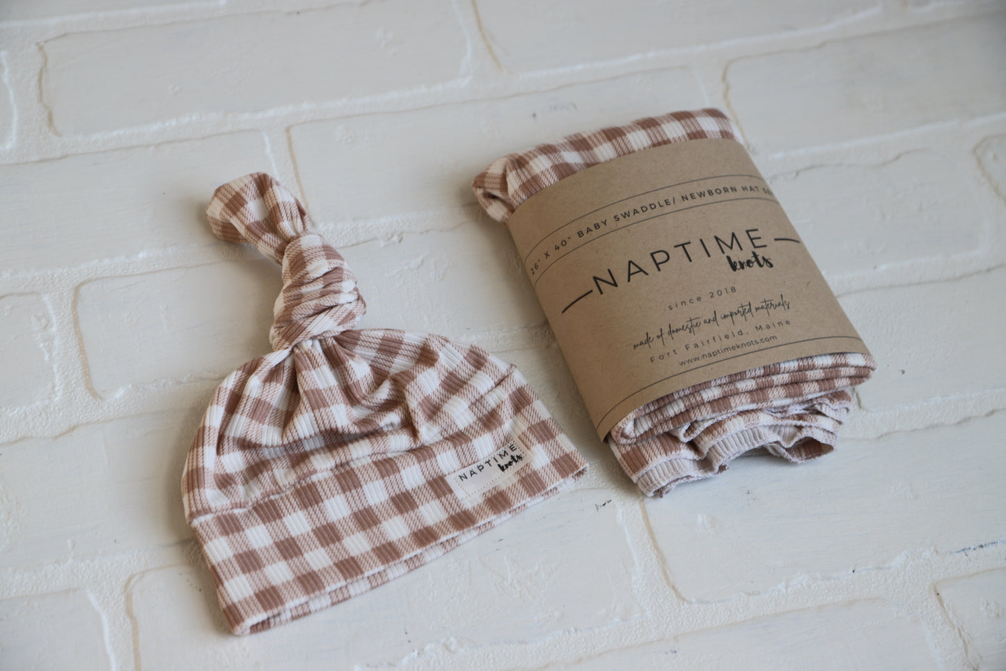 Brown Gingham Hat/Swaddle Set