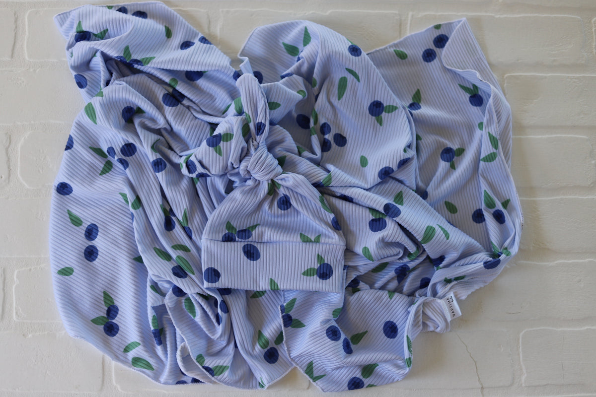 Blueberries Rib Knit Hat/Swaddle Set