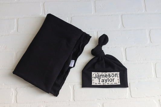 Black Swaddle and Newborn Hat | Or PLAIN Top Knot Hat