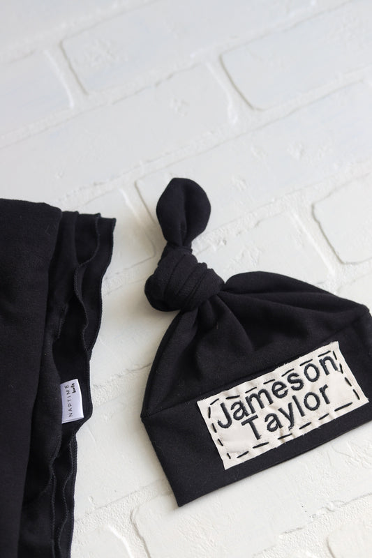 Black Swaddle and Newborn Hat | Or PLAIN Top Knot Hat